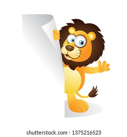 Cartoon Lion standing beside Signboard