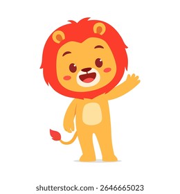 Cartoon lion standing and waving its hand in a friendly manner on white background