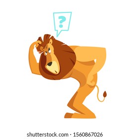 Cartoon lion thinking about the task. Vector illustration isolated on white background.