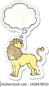león de caricatura con burbuja de pensamiento como pegatina gastada angustiada