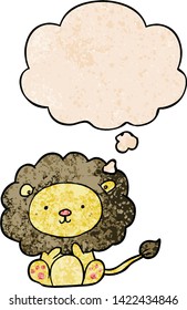 cartoon lion with thought bubble in grunge texture style