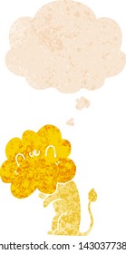 cartoon lion with thought bubble in grunge distressed retro textured style