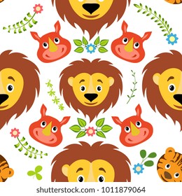 Cartoon lion, tiger, rhino seamless childish pattern. Background, fabric, wrapper, backdrop. The vector file has elements that are not cropped - a clipping mask is used for easy ed