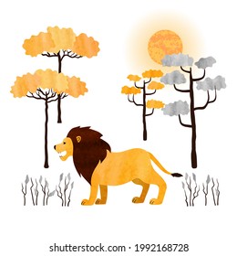 Cartoon lion and trees. Vector African animal.  Vector watercolor savannah  illustration.