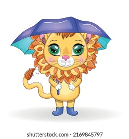 Cartoon lion with umbrella. Autumn character and postcard is coming