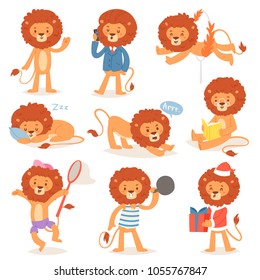 Cartoon lion vector kids leo character of wild child animal playing reading or sleeping illustration set animalistic businessman or santa lions isolated on white background