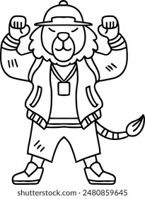 A cartoon lion is wearing a hat and a jacket and is standing with his arms raised. The image has a playful and energetic mood