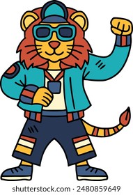 A cartoon lion is wearing a hat and a jacket and is standing with his arms raised. The image has a playful and energetic mood