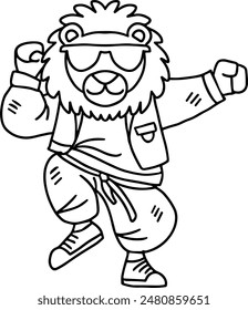A cartoon lion is wearing a hat and a jacket and is standing with his arms raised. The image has a playful and energetic mood