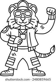 A cartoon lion is wearing a hat and a jacket and is standing with his arms raised. The image has a playful and energetic mood