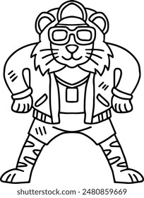 A cartoon lion is wearing a hat and a jacket and is standing with his arms raised. The image has a playful and energetic mood