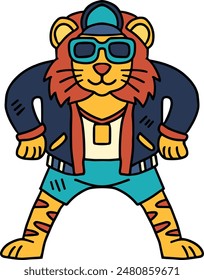 A cartoon lion is wearing a hat and a jacket and is standing with his arms raised. The image has a playful and energetic mood