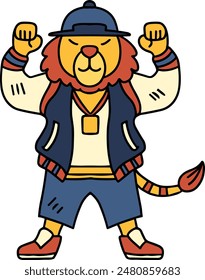 A cartoon lion is wearing a hat and a jacket and is standing with his arms raised. The image has a playful and energetic mood