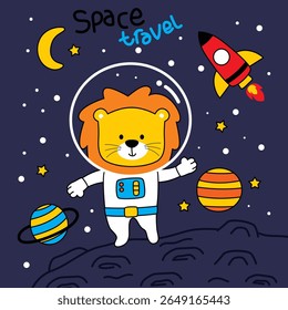 Cartoon lion wearing spacesuit standing on moon surrounded by planets stars and rocket. Space exploration concept

