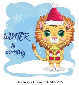 Cartoon lion in winter clothes. Winter is coming. New Year's and Christmas. Scarves, fur coat, hat, skates, gifts, candy kane and balls