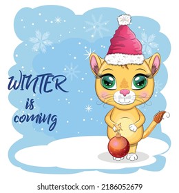 Cartoon lion in winter clothes. Winter is coming. New Year's and Christmas. Scarves, fur coat, hat, skates, gifts, candy kane and balls
