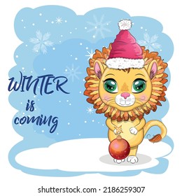 Cartoon lion in winter clothes. Winter is coming. New Year's and Christmas. Scarves, fur coat, hat, skates, gifts, candy kane and balls