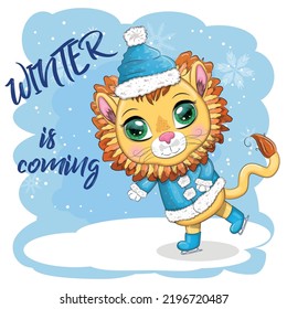 Cartoon lion in winter clothes. Winter is coming. New Year's and Christmas. Scarves, fur coat, hat, skates, gifts, candy kane and balls