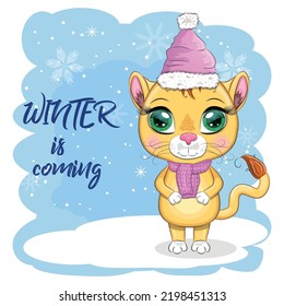 Cartoon lion in winter clothes. Winter is coming. New Year's and Christmas. Scarves, fur coat, hat, skates, gifts, candy kane and balls