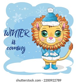 Cartoon lion in winter clothes. Winter is coming. New Year's and Christmas. Scarves, fur coat, hat, skates, gifts, candy kane and balls