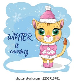Cartoon lion in winter clothes. Winter is coming. New Year's and Christmas. Scarves, fur coat, hat, skates, gifts, candy kane and balls