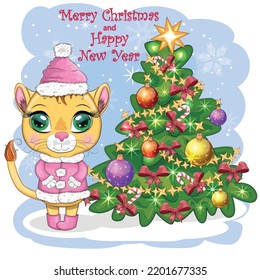 Cartoon lion in winter clothes near the Christmas tree. New Year's and Christmas. Scarves, fur coat, hat, skates, gifts, candy canes and balls as accessories