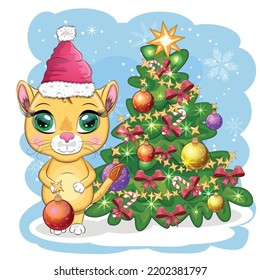 Cartoon lion in winter clothes near the Christmas tree. New Year's and Christmas. Scarves, fur coat, hat, skates, gifts, candy canes and balls as accessories