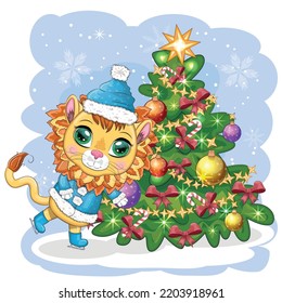 Cartoon lion in winter clothes near the Christmas tree. New Year's and Christmas. Scarves, fur coat, hat, skates, gifts, candy canes and balls as accessories