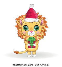 Cartoon lion in winter clothes. New Year's and Christmas. Scarves, fur coat, hat, skates, gifts, candy canes and balls