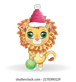 Cartoon lion in winter clothes. New Year's and Christmas. Scarves, fur coat, hat, skates, gifts, candy canes and balls