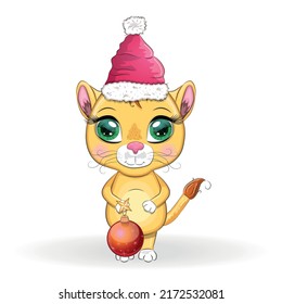 Cartoon lion in winter clothes. New Year's and Christmas. Scarves, fur coat, hat, skates, gifts, candy canes and balls
