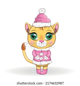 Cartoon lion in winter clothes. New Year's and Christmas. Scarves, fur coat, hat, skates, gifts, candy canes and balls