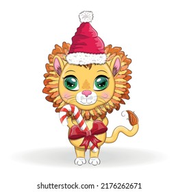 Cartoon lion in winter clothes. New Year's and Christmas. Scarves, fur coat, hat, skates, gifts, candy canes and balls