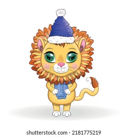 Cartoon lion in winter clothes. New Year's and Christmas. Scarves, fur coat, hat, skates, gifts, candy canes and balls