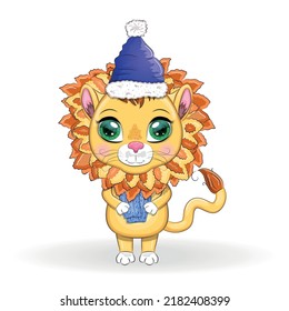 Cartoon lion in winter clothes. New Year's and Christmas. Scarves, fur coat, hat, skates, gifts, candy canes and balls