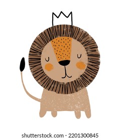 Cartoon of Lion.Cute Brown Lion Wrearing a Crown on a White Background.Safari Party Print with Lovely King of the Animals.Crayon Drawing Style Nursery Vector Illustration ideal for Wall Art, Poster.