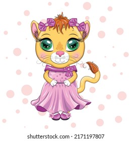 Cartoon lioness in a beautiful dress with bows and flowers. Festive postcard without an inscription. Girl character, princess