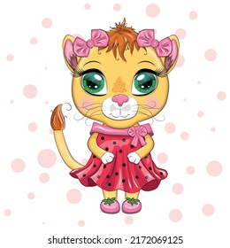 Cartoon lioness in a beautiful dress with bows and flowers. Festive postcard without an inscription. Girl character, princess