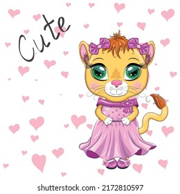 Cartoon lioness in a beautiful dress with bows and flowers. Festive postcard without an inscription. Girl character, princess
