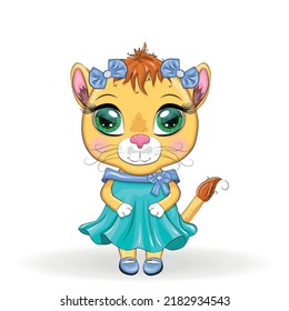 Cartoon lioness in a beautiful dress with bows and flowers. Girl character, wild animal with human traits.
