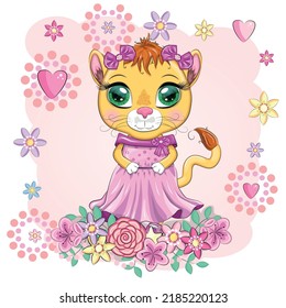 Cartoon lioness in a beautiful dress with bows and flowers. Festive postcard without an inscription. Girl character, princess