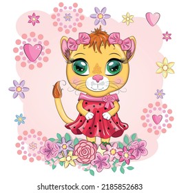 Cartoon lioness in a beautiful dress with bows and flowers. Festive postcard without an inscription. Girl character, princess