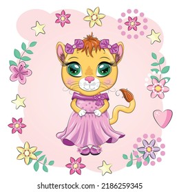 Cartoon lioness in a beautiful dress with bows and flowers. Festive postcard without an inscription. Girl character, princess