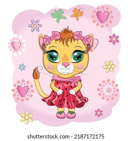 Cartoon lioness in a beautiful dress with bows and flowers. Festive postcard without an inscription. Girl character, princess