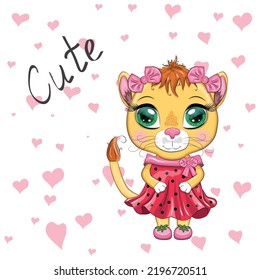 Cartoon lioness in a beautiful dress with bows and flowers. Festive postcard without an inscription. Girl character, princess