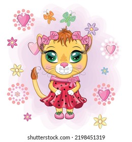 Cartoon lioness in a beautiful dress with bows and flowers. Festive postcard without an inscription. Girl character, princess