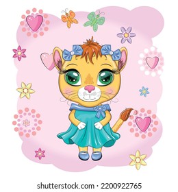Cartoon lioness in a beautiful dress with bows and flowers. Festive postcard without an inscription. Girl character, princess