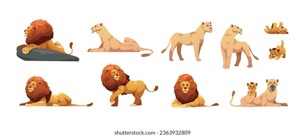 Cartoon lioness. Cute family jungle cats, lion mother and cub flat style, Africa savana zoo animals, cat predators pride. Vector colorful set. Strong leader beasts mother and father with kid