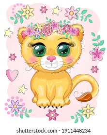 Cartoon lioness with expressive eyes. Wild animal character, childish cute style.