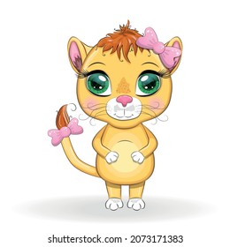 Cartoon lioness with expressive eyes. Wild animals, character, childish cute style